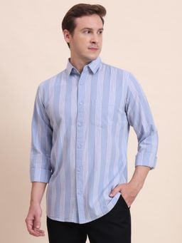 JadeBlue - Men Blue Cotton Stripes Slim Fit Shirt