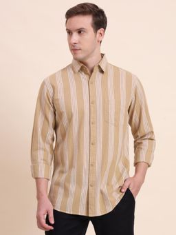 JadeBlue - Men Khaki Cotton Stripes Slim Fit Shirt