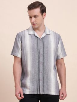 JadeBlue - Men Grey Pure Cotton Stripes Slim Fit Shirt