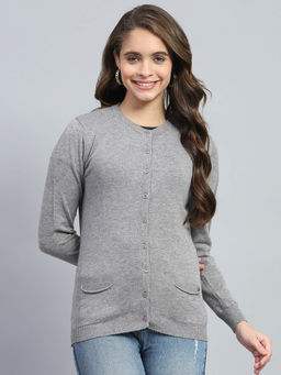 Monte Carlo - Womens Grey Solid Round Neck Full Sleeve Cardigan