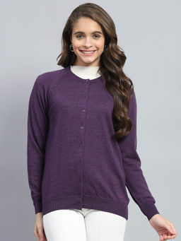 Monte Carlo - Womens Purple Solid Round Neck Full Sleeve Cardigan