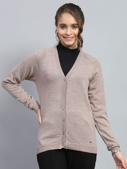 Monte Carlo - Womens Beige Solid Round Neck Full Sleeve Cardigan