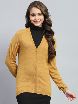 Monte Carlo - Womens Yellow Solid Round Neck Full Sleeve Cardigan