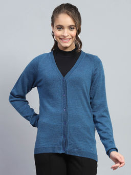 Monte Carlo - Womens Blue Solid Full Sleeve Cardigan