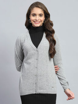 Monte Carlo - Womens Grey Solid V Neck Full Sleeve Cardigan
