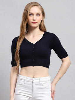 Monte Carlo - Womens Solid Navy Blue V Neck Half Sleeve Crop Top