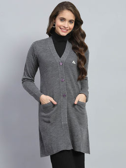 Monte Carlo - Womens Grey Self Design V Neck Full Sleeve Cardigan