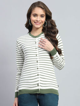 Monte Carlo - Womens White Striped Round Neck Full Sleeve Cardigan