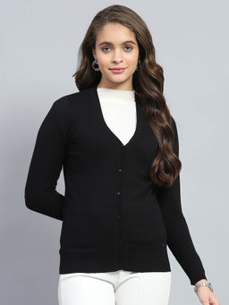 Monte Carlo - Womens Black Solid V Neck Full Sleeve Cardigan