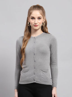 Monte Carlo - Womens Grey Solid Round Neck Full Sleeve Cardigan