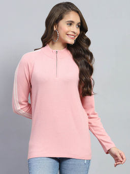 Monte Carlo - Womens Pink Solid Mock Neck Full Sleeve Pullover