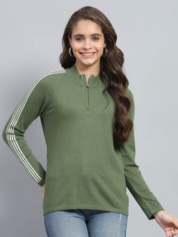 Monte Carlo - Womens Green Solid Mock Neck Full Sleeve Pullover