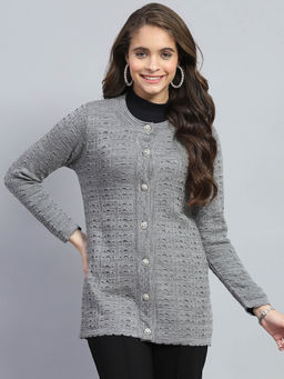 Monte Carlo - Womens Grey Self Design Round Neck Full Sleeve Cardigan
