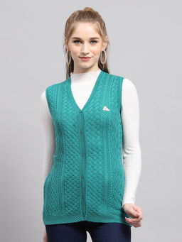 Monte Carlo - Womens Green Self Design V Neck Sleeveless Cardigan