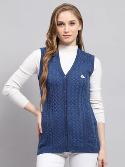 Monte Carlo - Womens Blue Self Design V Neck Sleeveless Cardigan
