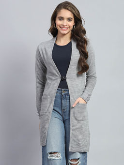 Monte Carlo - Womens Grey Self Design Full Sleeve Cardigan