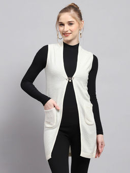 Monte Carlo - Womens White Self Design Front Open Sleeveless Cardigan