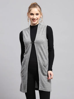 Monte Carlo - Womens Grey Self Design Front Open Sleeveless Cardigan