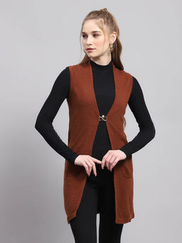 Monte Carlo - Womens Rust Self Design Front Open Sleeveless Cardigan