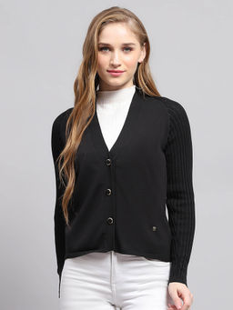 Monte Carlo - Womens Black Solid V Neck Full Sleeve Cardigan