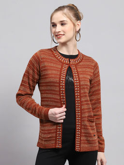 Monte Carlo - Womens Rust Self Design Round Neck Full Sleeve Cardigan
