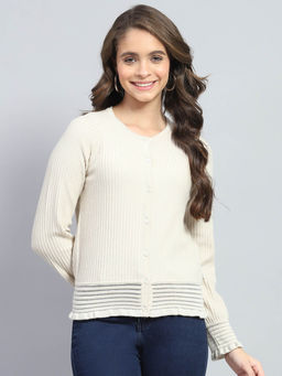 Monte Carlo - Womens Off White Self Design Round Neck Full Sleeve Cardigan