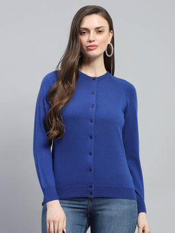 Monte Carlo - Womens Blue Solid Round Neck Full Sleeve Cardigan