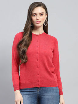 Monte Carlo - Womens Red Solid Round Neck Full Sleeve Cardigan