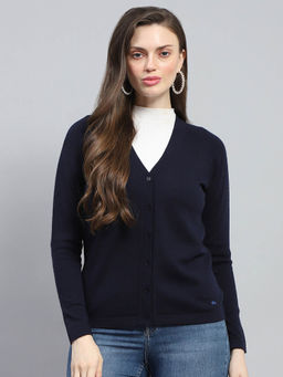 Monte Carlo - Womens Navy Blue Solid V Neck Full Sleeve Cardigan