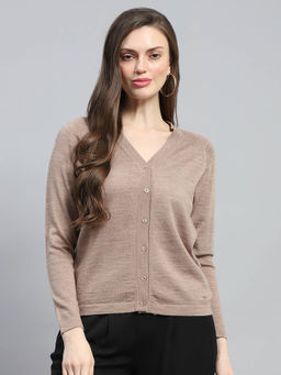 Monte Carlo - Womens Beige Solid V Neck Full Sleeve Cardigan