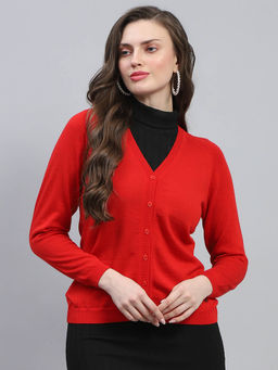 Monte Carlo - Womens Red Solid V Neck Full Sleeve Cardigan