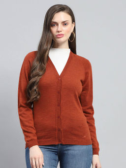 Monte Carlo - Womens Rust Solid V Neck Full Sleeve Cardigan