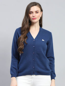 Monte Carlo - Womens Blue Solid V Neck Full Sleeve Cardigan