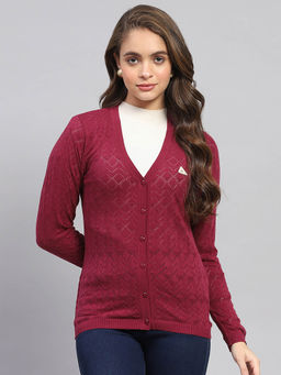 Monte Carlo - Womens Maroon Self Design V Neck Full Sleeve Cardigan