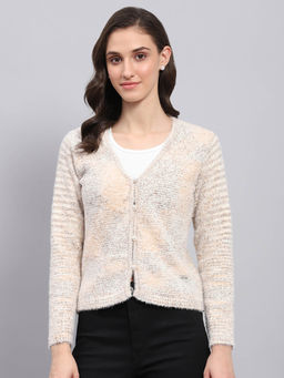 Monte Carlo - Womens Beige Self Design V Neck Full Sleeve Cardigan