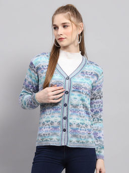 Monte Carlo - Womens Blue Self Design V Neck Full Sleeve Cardigan