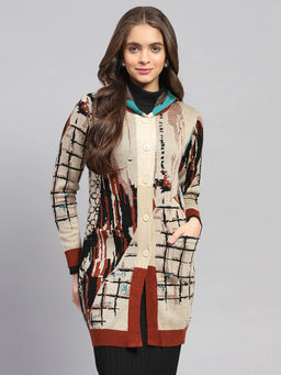 Monte Carlo - Womens Beige Printed Hooded Neck Full Sleeve Cardigan