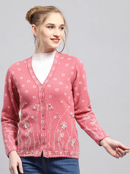 Monte Carlo - Womens Pink Embroidered V Neck Full Sleeve Cardigan