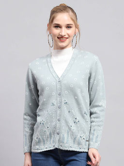 Monte Carlo - Womens Blue Embroidered V Neck Full Sleeve Cardigan