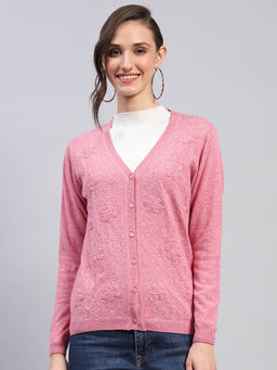 Monte Carlo - Womens Pink Embroidered V Neck Full Sleeve Cardigan