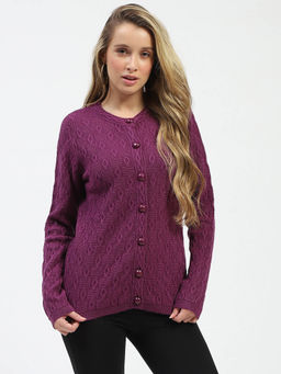 Madame - Purple Buttoned Self Design Cardigan
