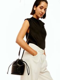 Calvin Klein - Logo Black Pu Drawstring Sling Bag