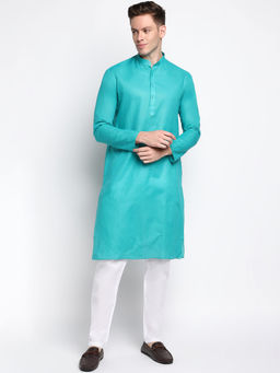Devoiler - Men Plain Turquoise Cotton Kurta