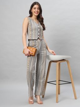 BROOWL - Womens Beige Self Designed Co-Ord Set (Set of 2)