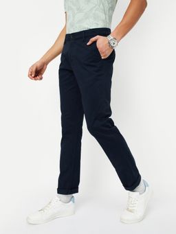 max - Men Navy Blue Solid Slim Fit Trousers