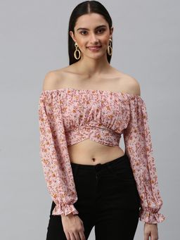 SHOWOFF - Women Off Shoulder Full Sleeves Floral Pink Crop Top