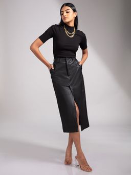 Twenty Dresses by Nykaa Fashion - Black Solid Midi Slit Skirt