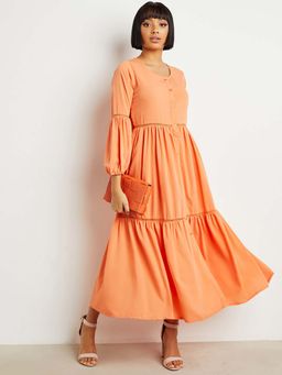 Styli - Peach Cut-out Insert Long Sleeves Tiered Maxi Dress