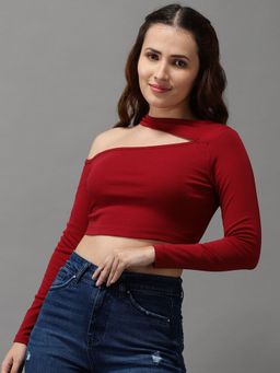 SHOWOFF - Womens Asymmetric Neck Maroon Fitted Crop Top