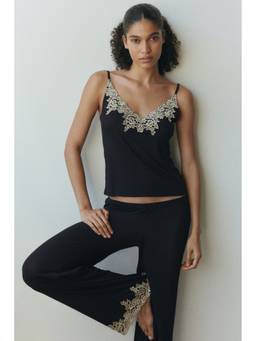 H&M - Women Black Lace-Trimmed Jersey Pyjama And Top
